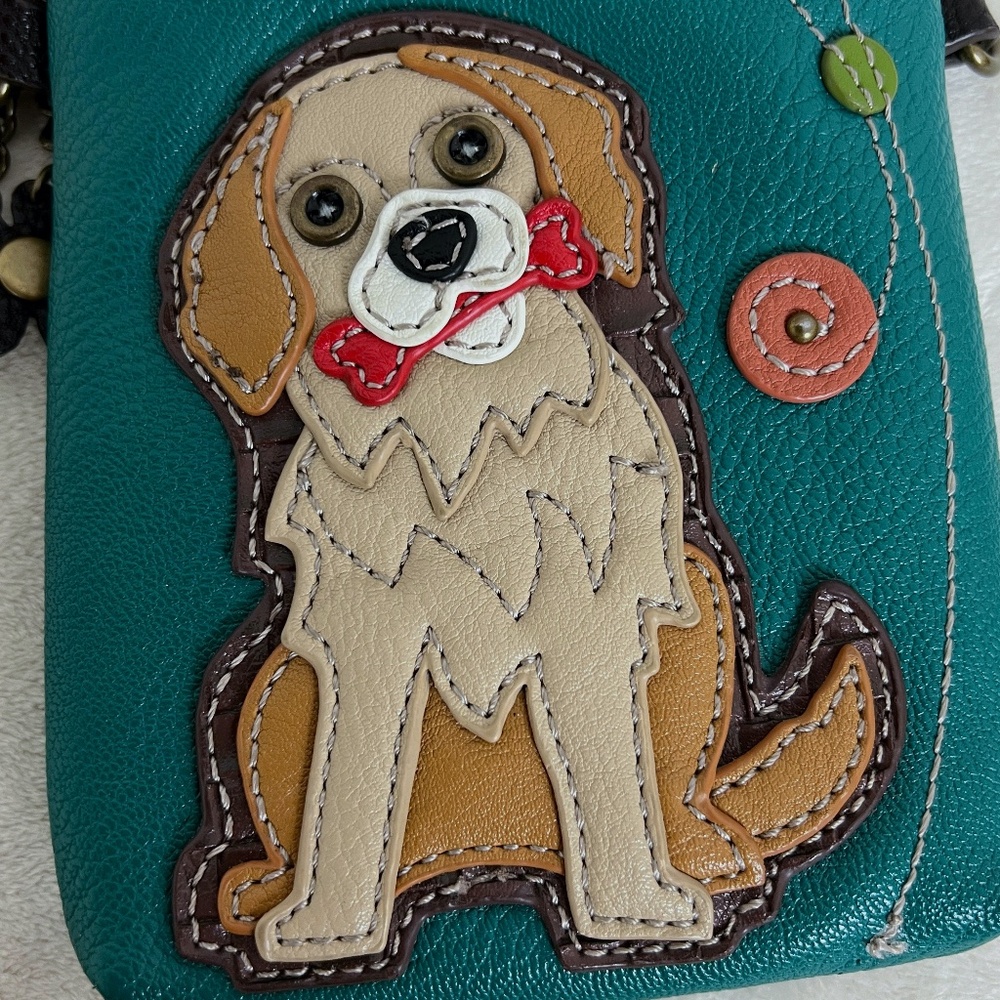 CHALA Crossbody Cell Phone Purse Teal Vegan Pebbled Leather Dog With a Bone - Picture 2 of 14